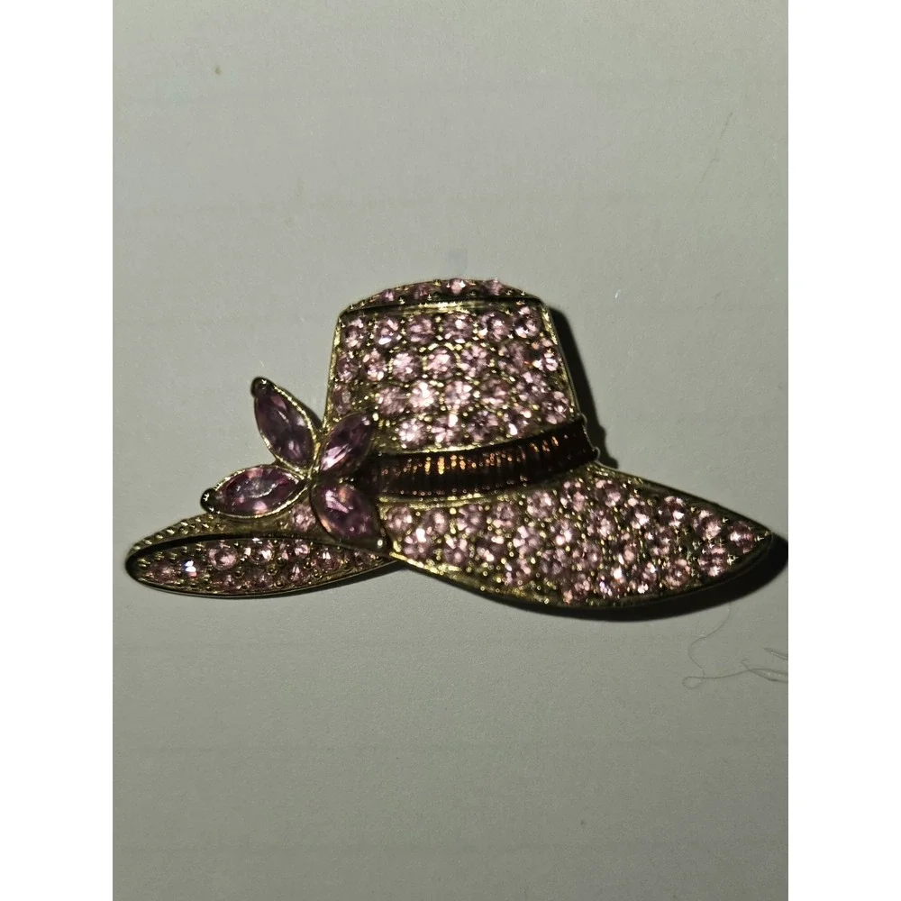90s Vintage MONET Rhinestone Sun Hat Pink Brooch GoldTone/Enamel‎ Pink Pin